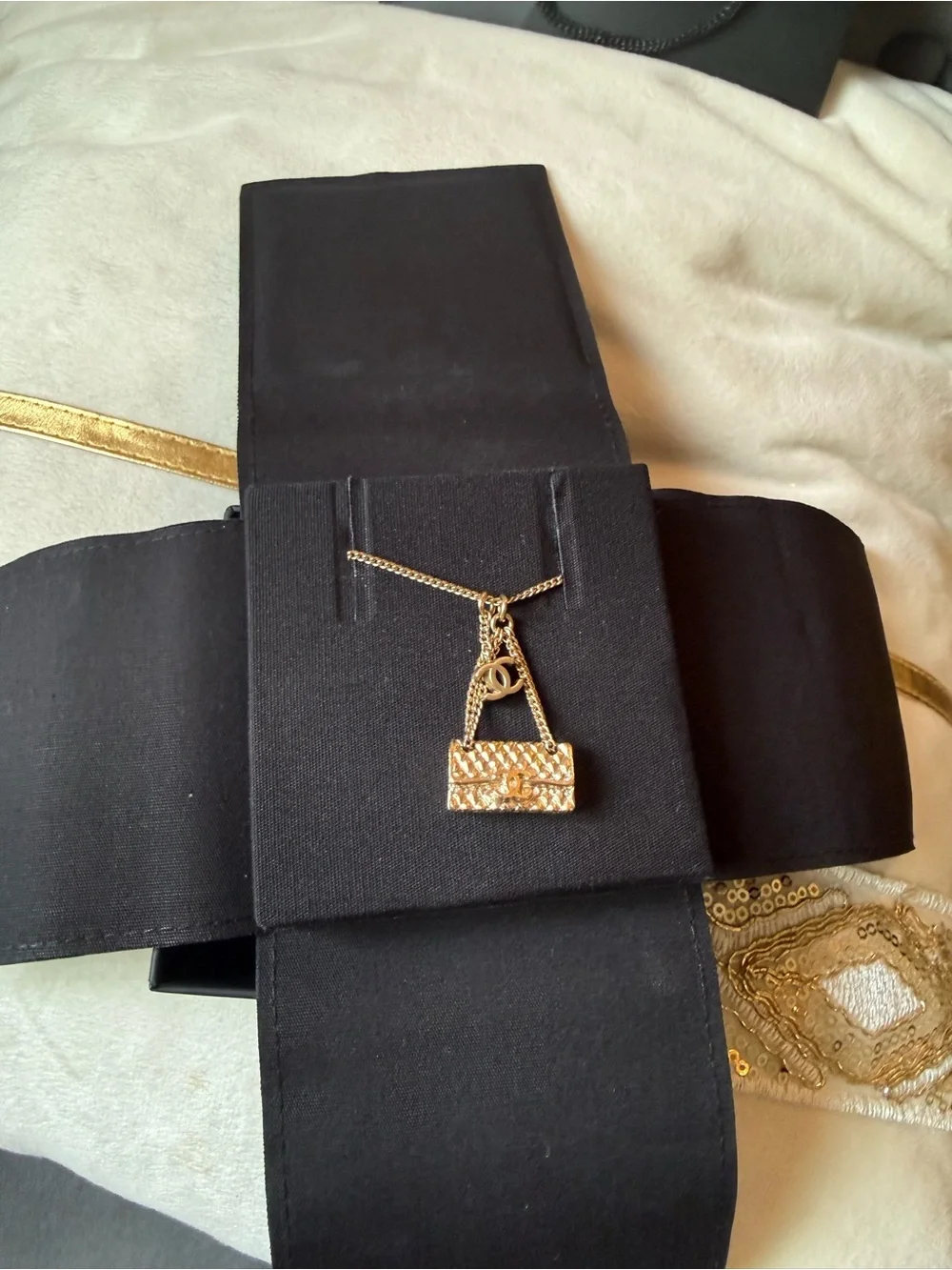Chanel Gold Quilted Classic Flap Bag Pendant Necklace